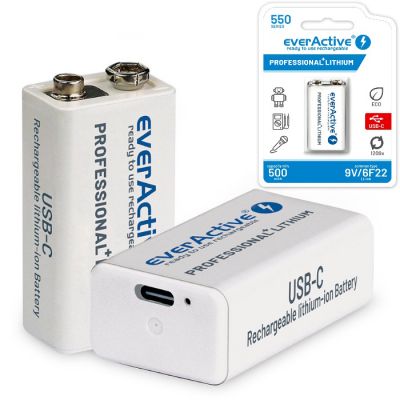 Akumulators EverActive 6F22 Krona 9V (550mAh, Li-ion) ar iebūvētu uzlādi (USB-C) ― DELTAMOBILE