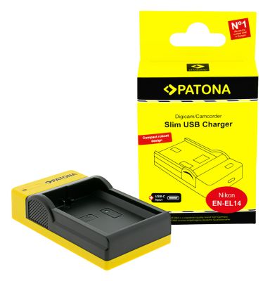 PATONA Slim USB lādētājs ar USB-C ieeju Nikon EN-EL14 CoolPix D3100, D3200, D5100, D5200, P7000, P7100, P7700 — Patona