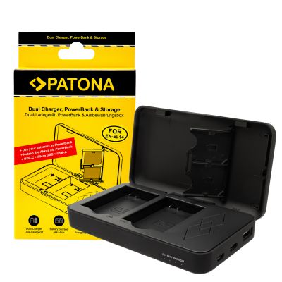 PATONA Dual Charger for Nikon EN-EL14 P7000 P7100 P7700 D3100 with Power Bank Function and Memory Card Storage — Patona
