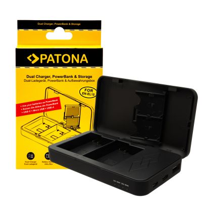 PATONA Dual Charger for Nikon EN-EL15 D500 D750 D780 D800 Z5 Z6 Z6 II Z7 ar power bank funkciju un atmiņas kartes atmiņu — Patona