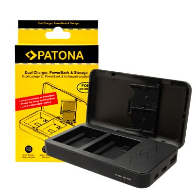 PATONA Dual Charger priekš Fuji NP-W235 XT4 X-T4 ar Power Bank funkciju un atmiņas kartes atmiņu — Patona