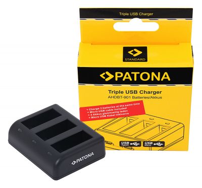 Зарядное устройство PATONA Tripple для GoPro Hero 9 Hero 10 Hero 11 AHDBT901 ADBAT001 ADDBD-211 с Micro USB-кабелем — Patona