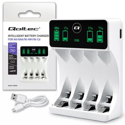 Qoltec Battery Charger for Ni-MH type R03 AAA R6 AA | LCD | USB-C cable | White