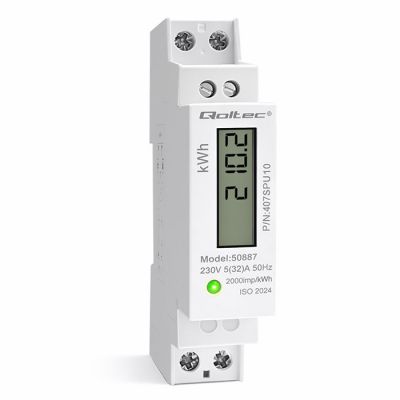 Qoltec vienfāzes elektroniskais enerģijas mērītājs | DIN sliede | 230V | LCD | 1P | Slim