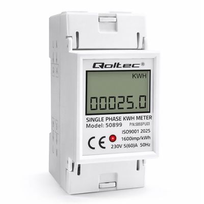 Qoltec vienfāzes elektroniskais enerģijas patēriņa mērītājs | 230 V | LCD | 2P | DIN sliede