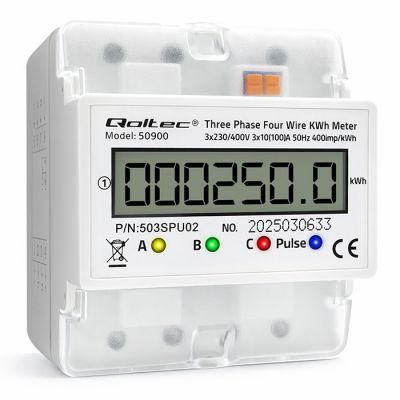 Qoltec trīsfāzu elektroniskais enerģijas patēriņa mērītājs | 400V | LCD | 4P | DIN sliede