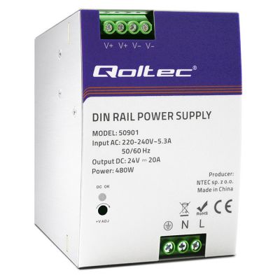 Qoltec Industrial DIN dzelzceļa elektroapgāde | 480W | 24V | 20A