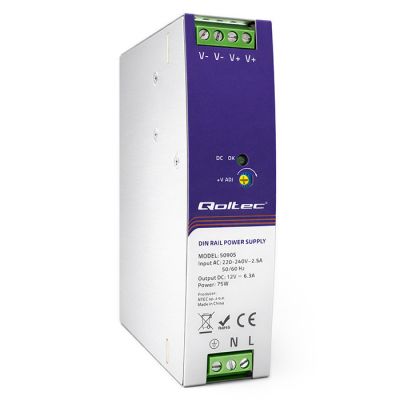 Qoltec Industrial DIN dzelzceļa elektroapgāde | 75W | 12V | 6.3A