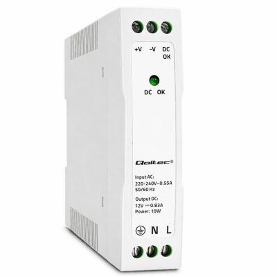Qoltec DIN dzelzceļa barošanas avots | 10W | 12V | 0,83A | Balts | Slim