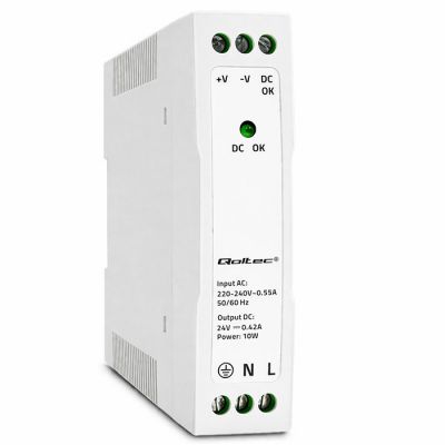 Qoltec DIN dzelzceļa barošanas avots | 10W | 24V | 0.42A | Balts | Slim