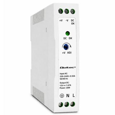 Qoltec DIN dzelzceļa barošanas avots | 20W | 12V | 1.67A | Balts | Slim