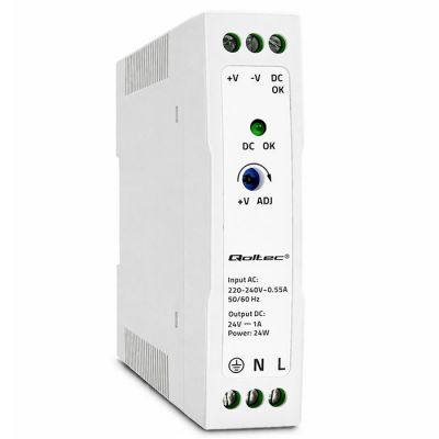 Qoltec DIN dzelzceļa barošanas avots | 24W | 24V | 1A | Balts | Slim