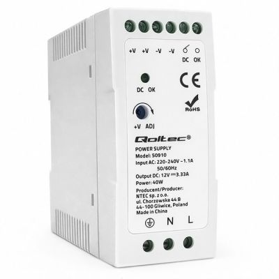Qoltec DIN dzelzceļa barošanas avots | 40W | 12V | 3.33A | Balts | Slim