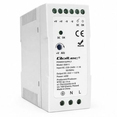 Qoltec DIN dzelzceļa barošanas avots | 40W | 24V | 1.67A | Balts | Slim