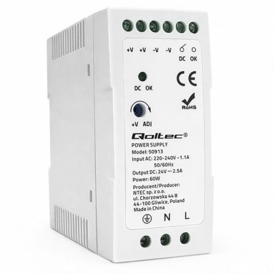 Qoltec DIN dzelzceļa barošanas avots | 60W | 24V | 2.5A | Balts | Slim