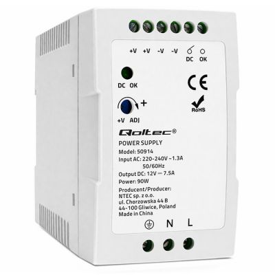 Qoltec DIN dzelzceļa barošanas avots | 90W | 12V | 7.5A | Balts | Slim