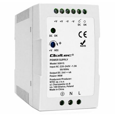 Qoltec DIN dzelzceļa barošanas avots | 96W | 24V | 4A | Balts | Slim