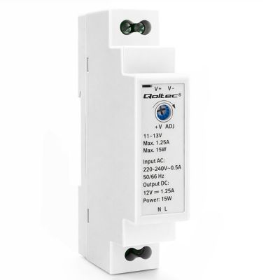 Qoltec DIN dzelzceļa barošanas avots | 15W | 12V | 1.25A | Pelēks