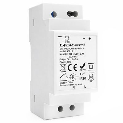 Qoltec DIN dzelzceļa barošanas avots | 24W | 12V | 2A | Balts