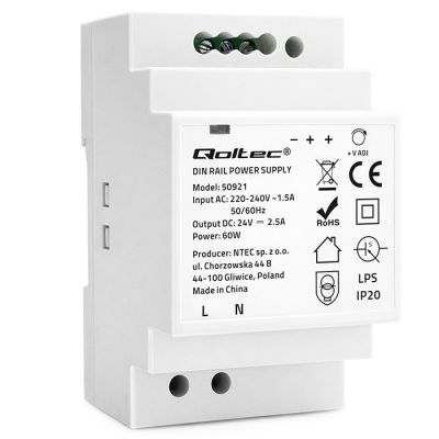 Qoltec DIN dzelzceļa barošanas avots | 60W | 24V | 2.5A | Pelēks