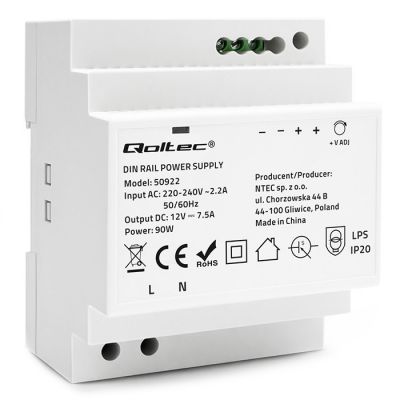 Qoltec DIN dzelzceļa barošanas avots | 85,2W | 12V | 7,1A | Pelēks