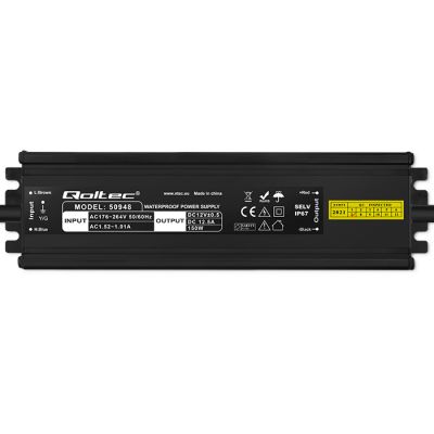 Драйвер светодиодов Qoltec IP67 150W | 12V | 12.5A | Водонепроницаемый | Чёрный