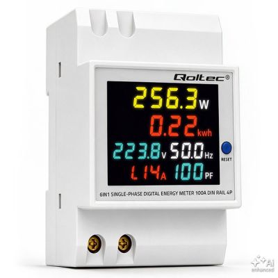 Qoltec vienfāzes 6-in-1 metrs | DIN sliedes uzstādīts enerģijas patēriņa mērītājs | 230V | 100A | LCD | CT | 3P