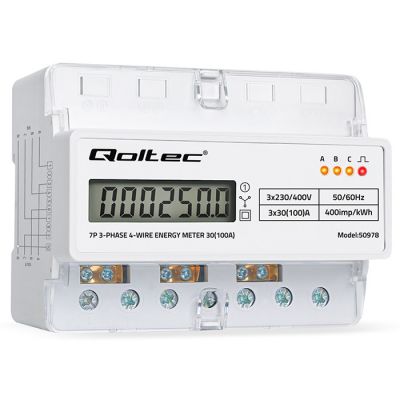 Qoltec trīsfāzu elektroniskais skaitītājs | enerģijas patēriņa mērītājs DIN dzelzceļam | 400V | 100A | LCD | LED | 7P