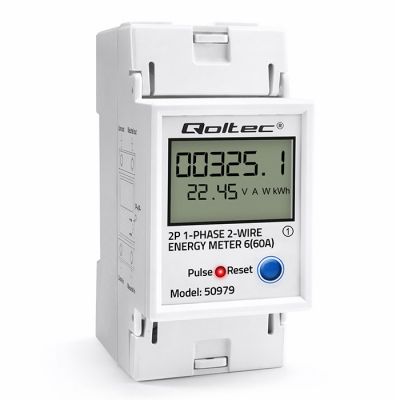 Qoltec vienfāzes elektroniskais enerģijas patēriņa mērītājs DIN dzelzceļam | ATIESTATĪŠANA | Periodisks un nepārtraukts skaitītājs | 230V | 60A | LCD | LED | 2P