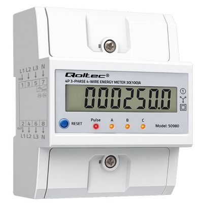 Qoltec trīsfāzu elektroniskais skaitītājs ar atiestatīšanu | DIN sliežu enerģijas patēriņa mērītājs | 400V | 100A | LCD | LED | 4P