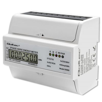 Qoltec trīsfāzu divvirzienu elektroniskais skaitītājs | DIN dzelzceļa enerģijas mērītājs | 400V | 100A | LCD | 4P