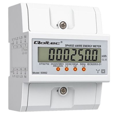 Qoltec trīsfāzu elektroniskais skaitītājs | DIN dzelzceļa enerģijas patēriņa mērītājs | 400V | 100A | LCD | 4P