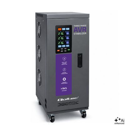 Qoltec trīsfāzu AVR MULTIPROTECTION sprieguma stabilizators | 10kVA | Precizitāte ± 3% | 3 fāžu servomotors | LCD | Ekspertu līnija