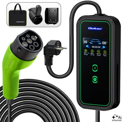 Зарядное устройство Qoltec Mobile для EV 2in1 Type2 | 3,5 кВт | 230В | SCHUKO 16A | LCD | Портативное | Настенный бокс | 5м