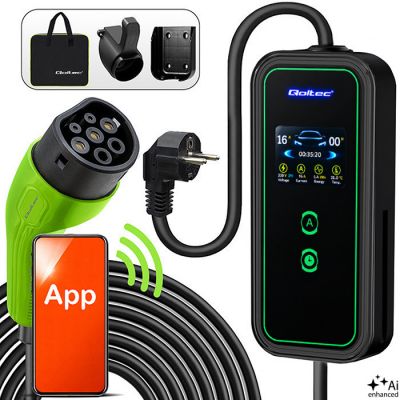 Зарядное устройство Qoltec Mobile EV с регулируемым 2in1 Type2 | 3,5 кВт | 230В | SCHUKO 16A | Wi-Fi | LCD | Портативный | Настенный бокс | 5м