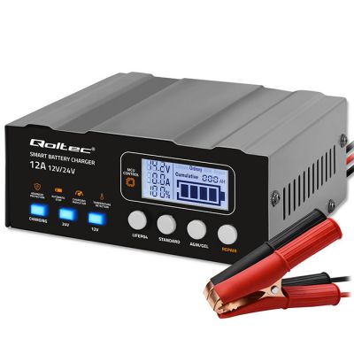 Qoltec inteliģentais mikroprocesora lādētājs 12V | 12,6V | 24V | Akumulatora lādētājs ar remonta funkciju AGM, GEL, LiFePO4 baterijām | LCD