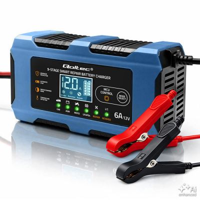 Qoltec viedās baterijas lādētājs 12V 6A | Taisngriežis ar remonta funkciju | MCU | Automātiska izslēgšana | 9 posmu uzlāde | AGM, GEL, LiFePO4