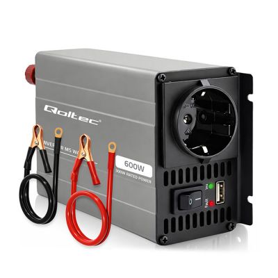Qoltec MS viļņu sprieguma pārveidotājs | 12V līdz 230V | 300/600W | USB | Saderīgs ar LiFePO4, GEL un AGM baterijām