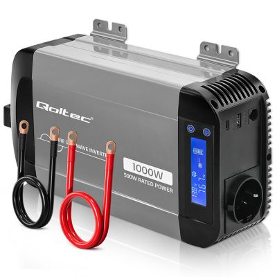 Инвертор Qoltec Pure Sine Wave | 12V до 230V | 500/1000W | LCD | USB | USC-C | Совместим с LiFePO4 GEL AGM