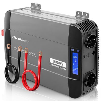 Инвертор Qoltec Pure Sine Wave | 12V до 230V | 1500/3000W | LCD | USB | USC-C | Совместим с LiFePO4 GEL AGM