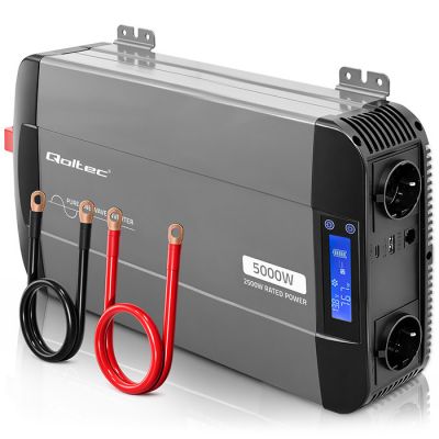 Инвертор Qoltec Pure Sine Wave | 12V до 230V | 2500/5000W | LCD | USB | USC-C | Совместим с LiFePO4 GEL AGM