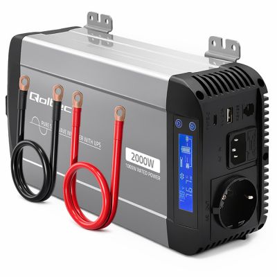 Qoltec Pure Sine Wave invertors | 12V līdz 230V | 1000/2000W | UPS APVEDCEĻŠ | LCD | USB | USB-C | Saderīgs ar LiFePO4 GEL AGM