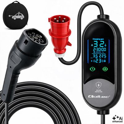 Qoltec mobilais elektroauto lādētājs ar 2in1 Type 2 regulējumu | 7kW | 230V | CEE 32A | LED | 5m