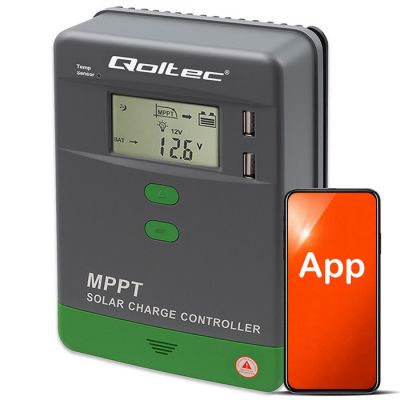 Qoltec saules uzlādes kontrolieris MPPT ar temperatūras sensoru 20A | 12V / 24V | LCD | 2 x USB | Bluetooth | APP | GEL | LiFePO4